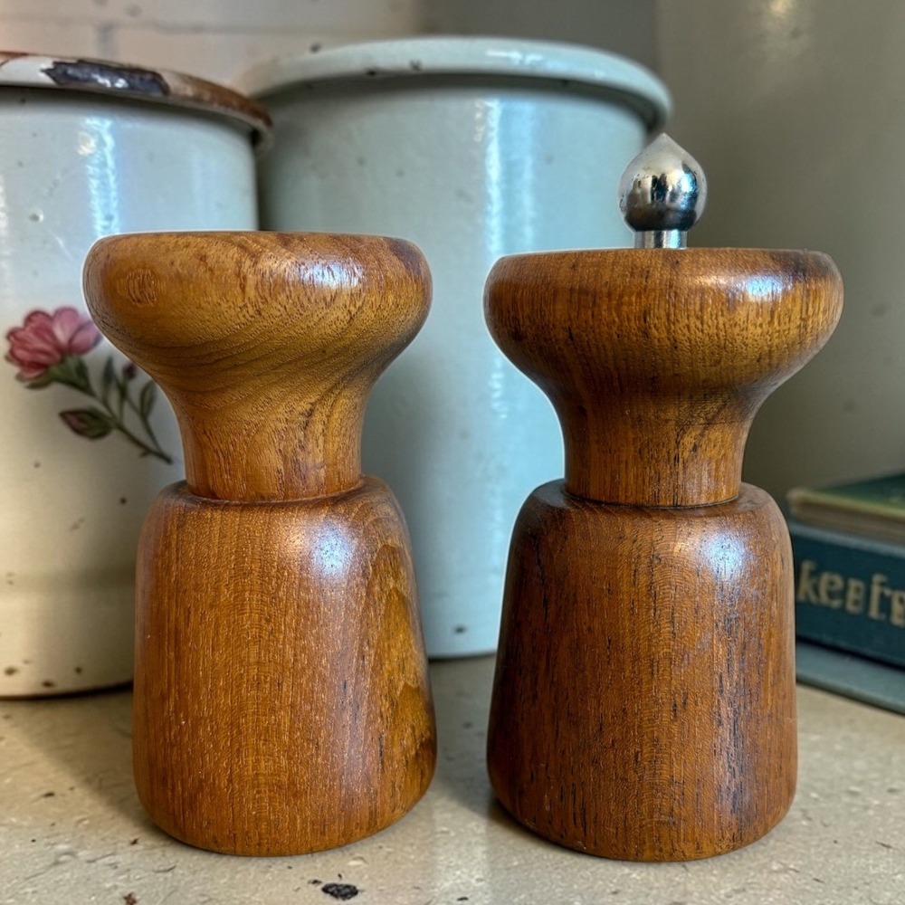 Vintage Genuine Teak Wood Salt Shaker and Pepper Mill Set Mid Century Modern MCM
